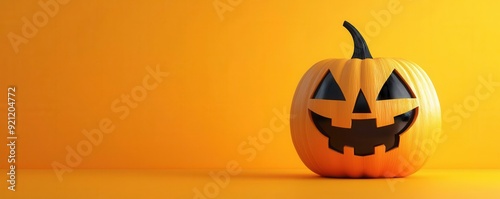 A festive Halloween pumpkin with a playful face, perfectly set against a vibrant yellow background to celebrate the season.