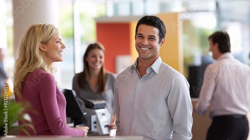 Banking on Happiness: A cheerful couple smiles confidently in a modern bank, radiating financial security and trust in their banking experience. 