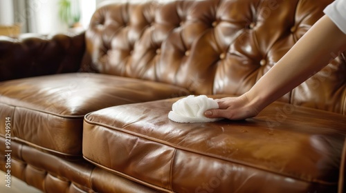 Woman hand cleaning leather sofa at home. Housekeeper or maid service concept