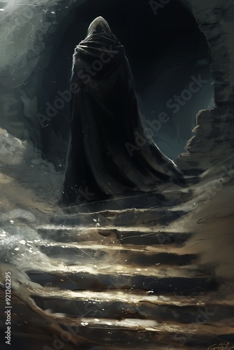 man cloak standing stairway black sandman endless creating presence penguin design looming tombs descent