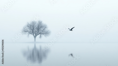 Minimalistic Silhouette of a Bird in Flight Over a Tranquil Body of Water with a Lone Tree on the Shoreline