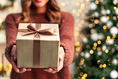 Hand of woman offer gift box to lovers on christmas tree light background. have a copy space for text. Close up on woman hands giving Christmas present. Christmas gift.