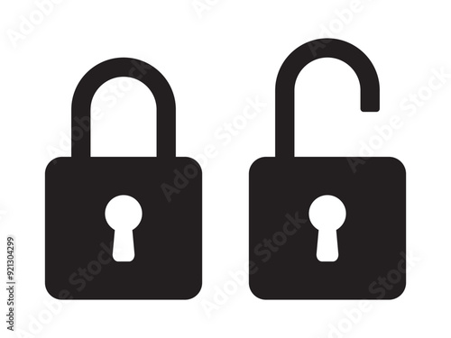 Padlock icon, security icon. Black locked unlocked padlock icon.