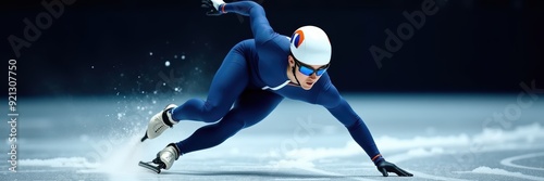 A dynamic ice speed skating athlete in motion, showcasing the thrill and precision of winter sports. Ideal for sports, fitness, and competitive athletics themes.