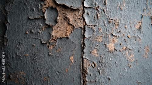 This image captures a close-up of a gray surface that is cracked and peeling, showcasing intricate textures and a weathered appearance, conveying a sense of decay and resilience.