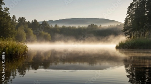 A peaceful summer morning with mist rising off a quiet lake