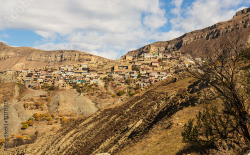 Mountainous traditional ethnic village or town of Chokh in remote Dagestan, Russia. Mountains, landscape, picturesque