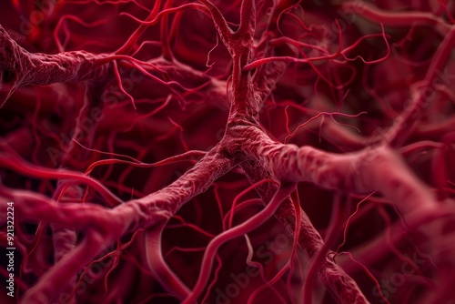 Intricate intertwining of veins and arteries in vivid red color, showcasing the inner workings of the circulatory system, Intricate intertwining of veins and arteries in shades of crimson