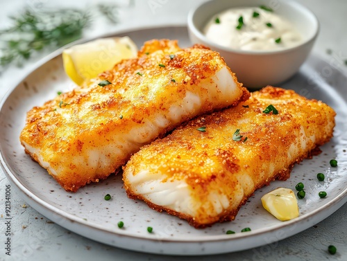 Fish fillets, such as cod or haddock, dipped in batter or breadcrumbs and fried until crispy, often served with tartar sauce.