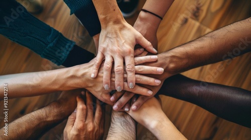 Diverse group of people joining hands together in circle.