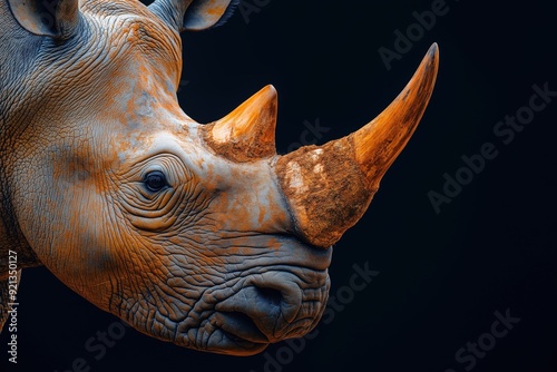 Photo of a rhino isolated against a black background, emphasising the rhino's majestic features. Wildlife and conservation concept, space for copy.