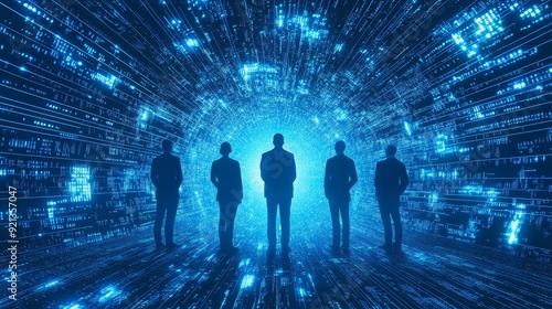 A group of business leaders are standing in a digital tunnel, symbolizing their journey into the future of technology. The blue and white lights represent the digital world