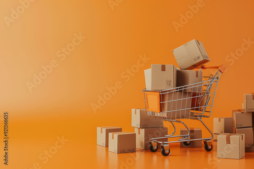 A shopping cart is full of boxes and is on a bright orange background. The cart is a symbol of the consumerist culture and the idea of shopping for material goods