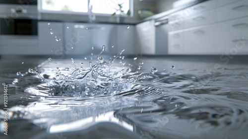 kitchen with a flooded floor. water intrusion, unexpected home disaster. deluge and flood. splash and spray. insurance