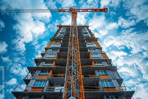 Tower crane in action constructing multi storey residential complex against blue sky