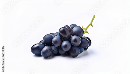 Black Grapes on White: A cluster of plump, dark purple grapes with a delicate green stem, isolated on a pristine white background. The image evokes freshness, sweetness, and a sense of pure indulgence