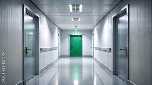 Emergency exit door at the far end of a long corridor, emergency exit, safety