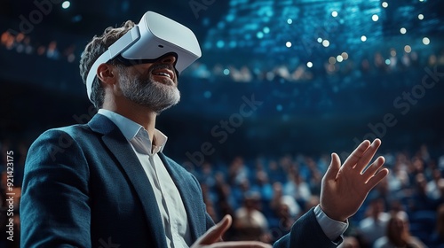 Vr experience senior business manager man attend meeting wearing vr virtual glasses standing in autitorium convention hall with crowd of business people background, 