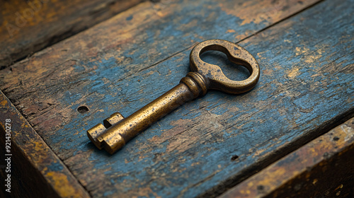 Vintage Key on Weathered Wood: A single, antique key rests on a worn wooden surface, its golden patina reflecting the dim light. The key, with its intricate details and aged brass finish, evokes a sen