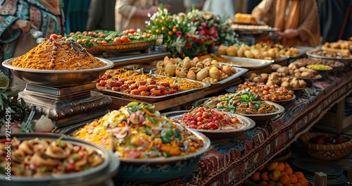 A luxurious Afghan wedding banquet with tables adorned with an array of traditional dishes