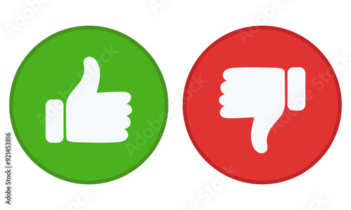 Like and dislike flat icon set in green and red circle isolated on white background.