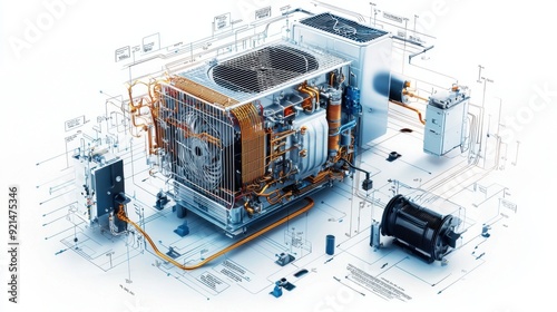 Isometric view of a high-efficiency HVAC system with visible components such as the compressor, evaporator coil, and ductwork, highlighting the system is complexity and efficiency