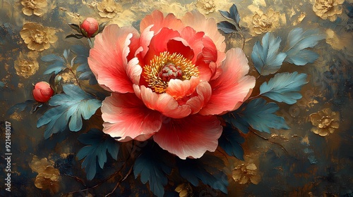 Auspicious Peony in Ancient Style: A peony depicted in traditional painting style with intricate details, representing wealth and success