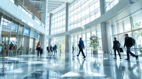 Professionals navigate a spacious, well-lit lobby filled with natural light