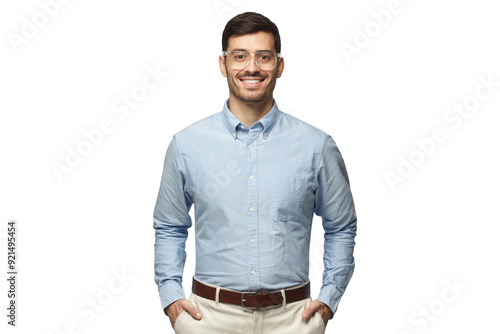 Smart businessman smiling at camera, wearing trendy transparent glasses