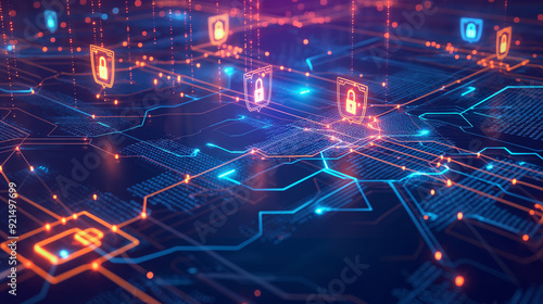 a secure digital data transfer with encrypted data streams flowing between devices. Including lock icons, shields, and glowing data paths to emphasize security, cybersecurity concept 