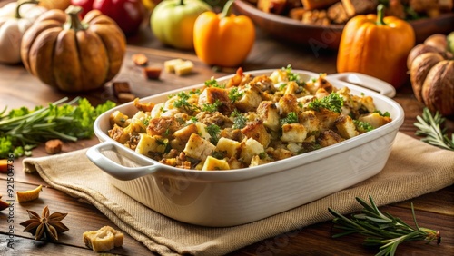 A golden-brown, savory stuffing fills a white ceramic dish, garnished with fresh herbs and nestled among a warm, inviting Thanksgiving dinner spread.