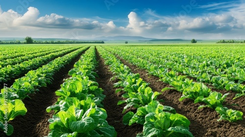 Lush Green Vegetable Field Under Blue Sky