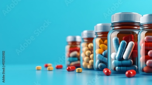 Various pills and capsules in bottles on blue background