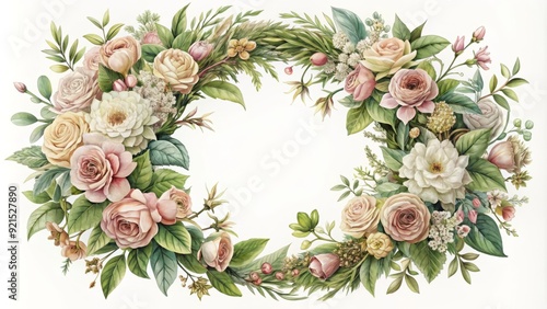 Intricately illustrated Victorian-era floral wreath adorned with lush greenery, ornate curls, and delicate blossoms in a soft, romantic color palette with subtle texture.