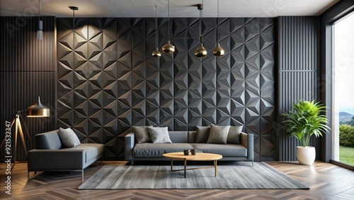 Modern minimalist interior featuring a geometric patterned decorative black wall panel with subtle texture, adding depth and sophistication to any contemporary room design.