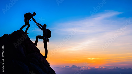 un amigo ayudando a otro a llegar a la cima de la montaña apoyando con humildad para llegar al exito 