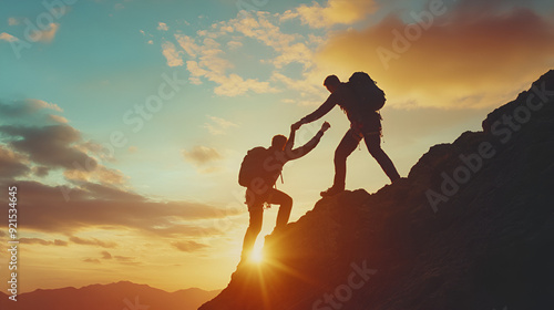 dos amigos subiendo y escalando a la cima de la montaña al aire libre subiendo y ayudando para tener exito juntos paisaje y felicidad