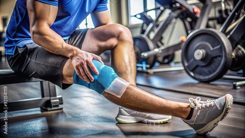 A close-up of a painful knee with an ice pack and athletic tape, surrounded by fitness equipment, conveying the struggle of injury during exercise.