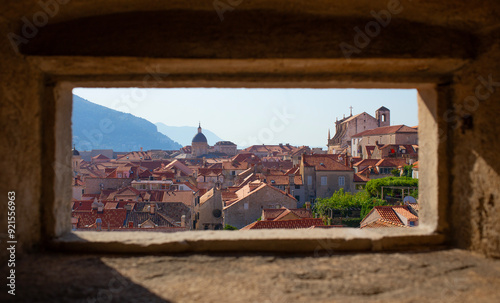 View through the fort window to old town in Dubrovnik, Dalmatia, Croatia.