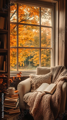 10. A cozy reading nook by a window, with a soft armchair, a stack of books, a warm blanket, and the view outside showing trees ablaze with autumn colors, creating a peaceful retreat