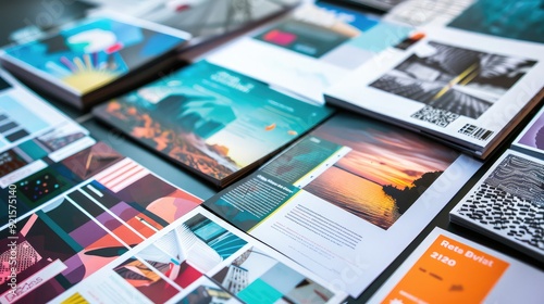 A collection of printed brochures, flyers, and business cards. 