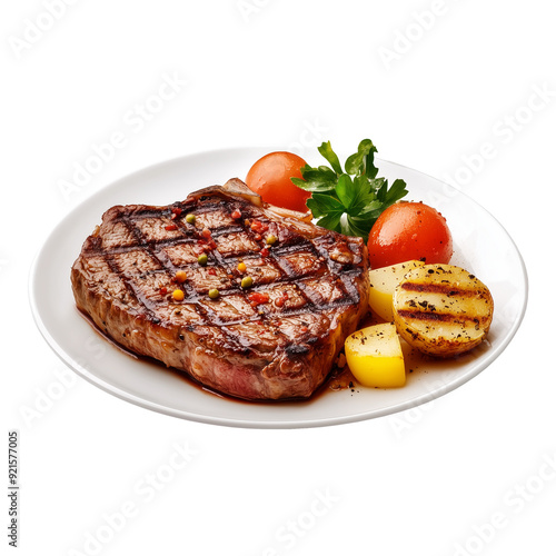 Grilled steak on plate with transparent background cut file 