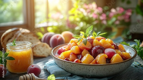 Stone fruit compote with plums in a summer setting