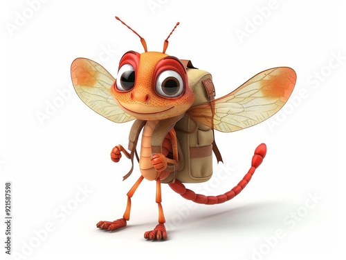 A 4D cartoon dragonfly with a backpack going on an 99 1845 cartoon, insect, animal, bug, illustration, vector, fly, ant, nature, bee, isolated, character, cute, funny, butterfly, mosquito, pest, happy