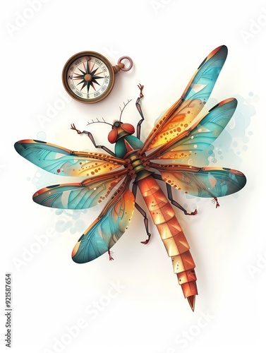 A 4D cartoon dragonfly with a compass navigating t 11 1841 butterfly, insect, nature, wing, animal, fly, summer, beauty, moth, flower, illustration, vector, swallowtail, colorful, wings, black, bug, y