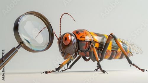 A 4D cartoon earwig with a magnifying glass inspec 17 1833 insect, animal, macro, isolated, bug, nature, wasp, white, fly, close-up, bee, grasshopper, yellow, mosquito, antenna, closeup, cricket, wild