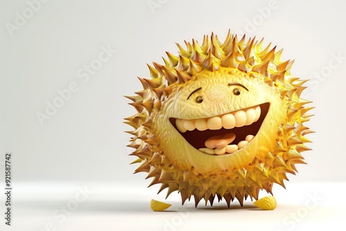 A 4D cartoon durian with a mischievous grin lookin 16 1834 hedgehog, animal, cute, cartoon, sun, isolated, fish, illustration, nature, wildlife, 3d, vector, mammal, icon, funny, sea, pets, comic, art,