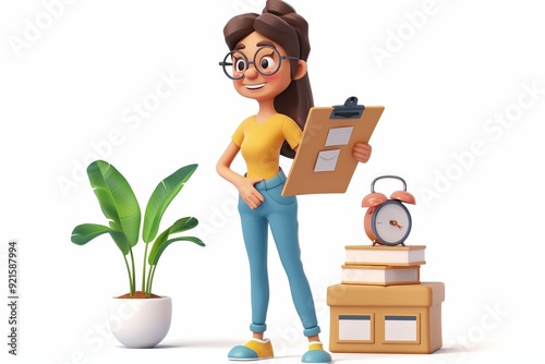 A 4D cartoon event planner with a clipboard organi 116 1808 box, woman, cartoon, delivery, person, boy, people, holding, package, vector, courier, shipping, job, illustration, cardboard, business, car