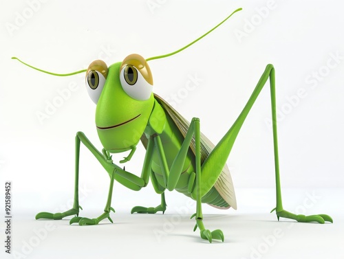 A 4D cartoon grasshopper with long legs jumping on 145 1750 grasshopper, insect, green, macro, animal, locust, isolated, nature, bug, cricket, white, closeup, antenna, pest, jump, grass, hopper, close