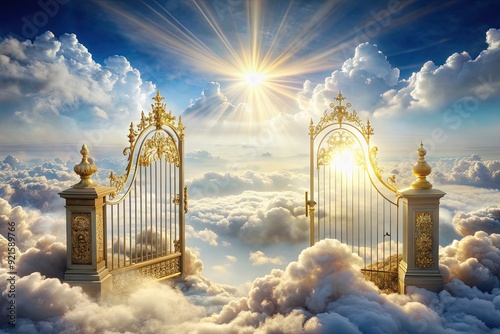 Ethereal pearly gates shimmer above fluffy white clouds, adorned with gleaming gold accents and radiant light, evoking a sense of serene heavenly paradise.